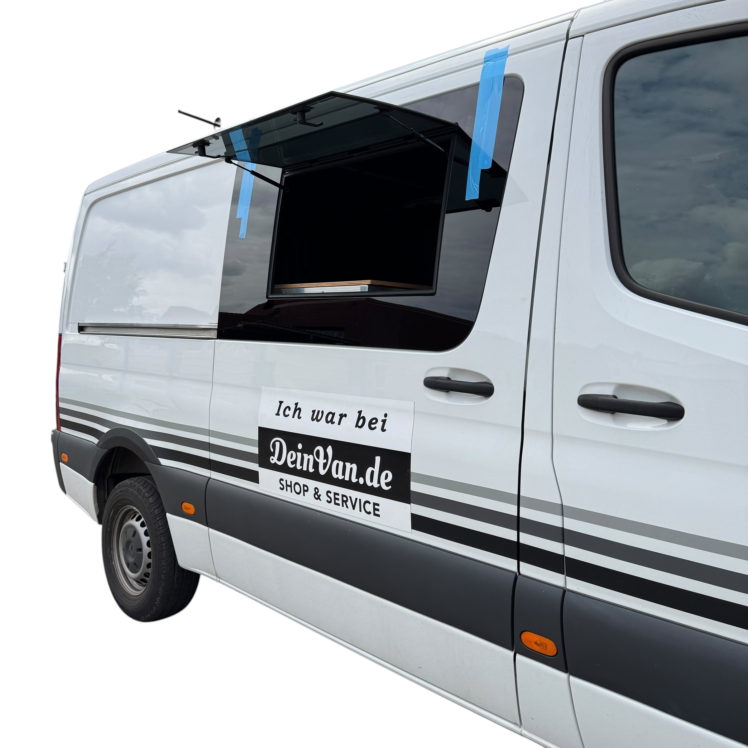 Exklusives Echtglas-Ausstellfenster VR für Mercedes Sprinter W907, W910 ab 2017 - Rahmenloses Premium-Design mit integriertem Verdunkelungs- und Moskitonetzsystem